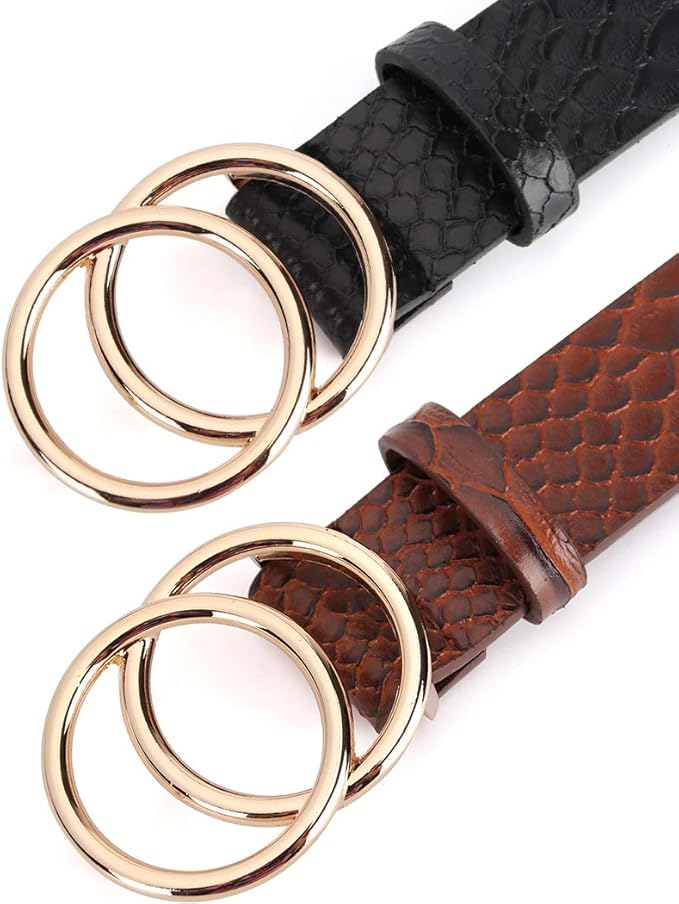 UnFader Pack 2 Women Belts for Jeans with Fashion Double O-Ring Buckle and Faux Leather