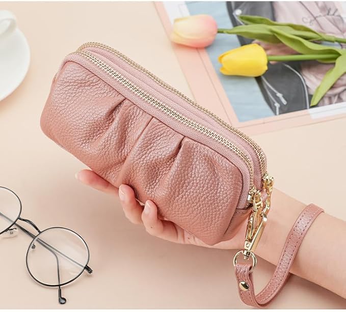 Wristlet Wallets for Women Genuine Leather Wristlet Purses Ladies Ruched Wristlet Clutch Wallet Purses