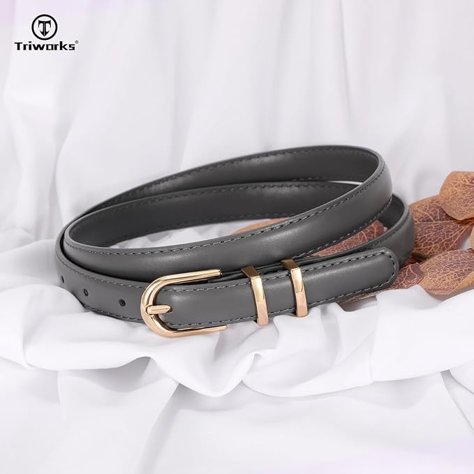 2 Pack Women Skinny Leather Belts for Jeans Pants Thin Faux Leather Belt with Gold Buckle