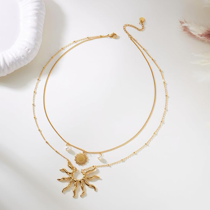 Dainty Gold Plated Sun Pendant Necklace for Women, Layered Choker Chain, Minimalist Celestial Jewelry Gift for Her