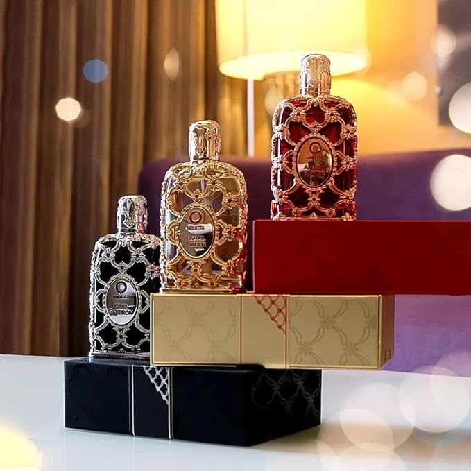 ORIENTICA Velvet Gold 4-Piece Gift Set Eau De Parfum - Vanilla, Bergamot, Gourmand, Caramel, Violet, Patchouli, Rose, Musk - Arabic Perfume for Men & Women - 2.7 Fl Oz + 0.33 Fl Oz + Atomizer + Bag