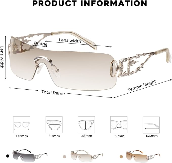 mosanana Y2K Rhinestone Flame Rectangle Sunglasses for Women with Bling Glitter MS52350