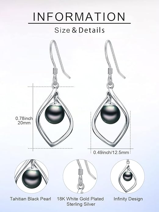 Tahitian Black Pearl AAAA 18K Gold Plated Sterling Silver Dangle Drop Earrings for Women Wife Mom Girlfriend Valentine Her Jewelry Gift for Anniversary Birthday Christmas