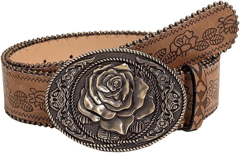 Women's Floral Embroidery Genuine Leather Belt Vintage Square Buckle