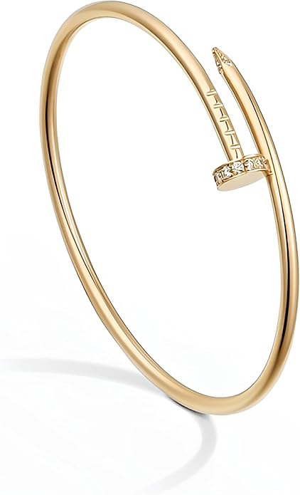 18K Gold Plated Nail Bracelet for Women & Men, Classic Open Cuff Bangle, Adjustable Stainless Steel Fashion Bracelet, Minimalist Unisex Jewelry Gift for Birthday Anniversary-