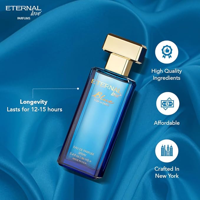 Eternal Love Blue for Women - Long Lasting Eau de Parfum Spray - Soft Powdery Floral Scent with Vanilla & Jasmine - Feminine & Alluring Fragrance - 1.7oz