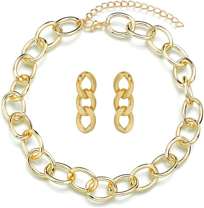 coadipress Gold Link Chain Earrings Necklace Set for Women Minimalist Gold Plated Chain Link Earrings Punk Oval Dainty Chunky Chain Necklace Trendy Jewelry
