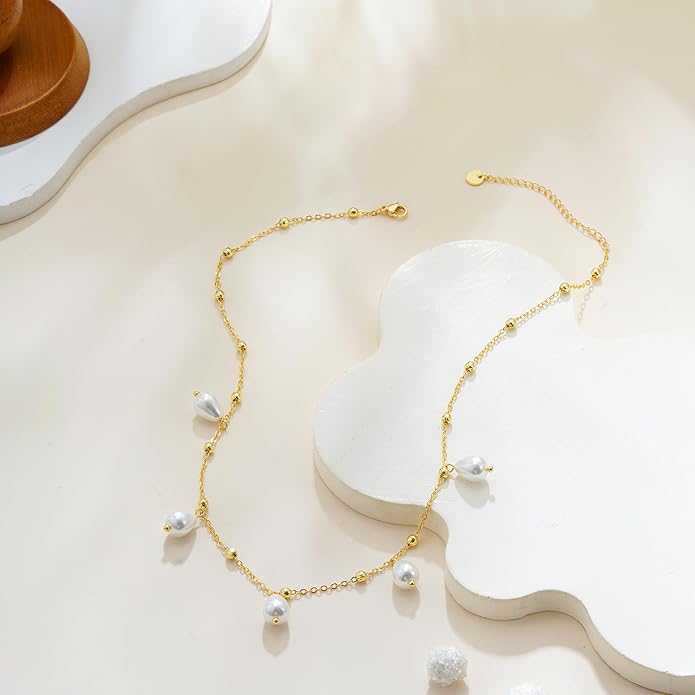 Valentines Day Gifts for Her - 14K Gold Plated Pearl Necklaces for Women Trendy Dainty Necklace Simple Layered Pearl Necklaces for Women Trendy Wedding Birthday Valentines Jewelry