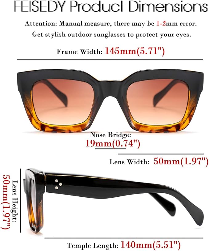 FEISEDY Classic Women Sunglasses Fashion Thick Square Sun Glasses Chunky Frame UV400 B2471
