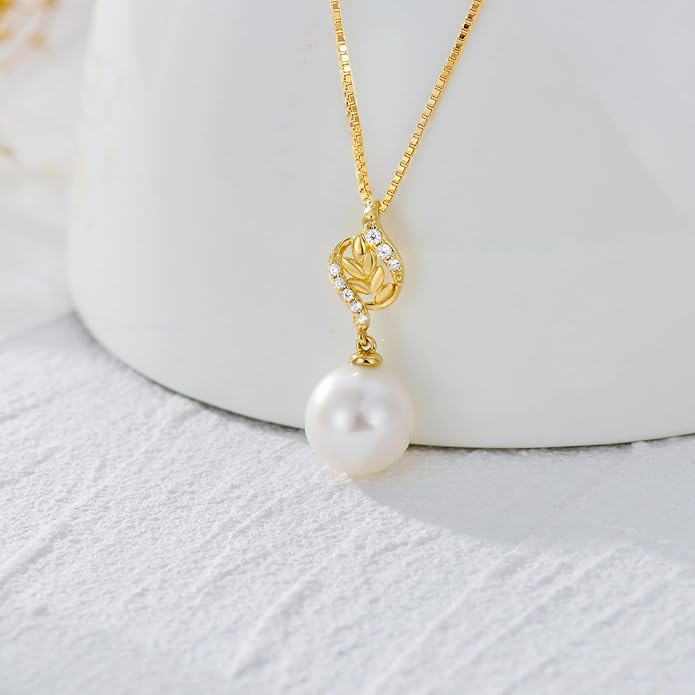 14k Gold Diamond Leaves Pearl Pendant and Sterling Silver Box Chain Necklace for Women, Jewelry Gifts for Her, 18-20 Inches