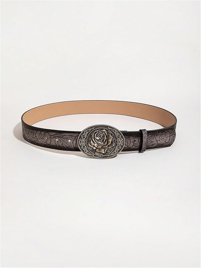 Women's Floral Embroidery Genuine Leather Belt Vintage Square Buckle