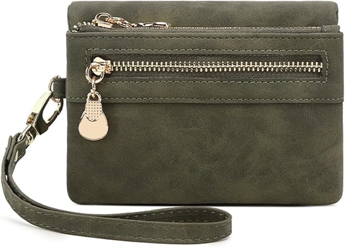 Women's Vintage Genuine Leather Handbag Wallet Dark Billfold Purse with Snap Closure for Daily Essentials (Green)