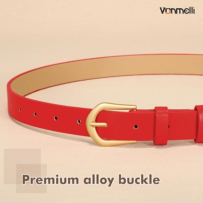 VONMELLI 4 Pack Womens Thin Leather Belt Skinny Waist Belts for Women Fashion Jeans Dress with Gold Buckle