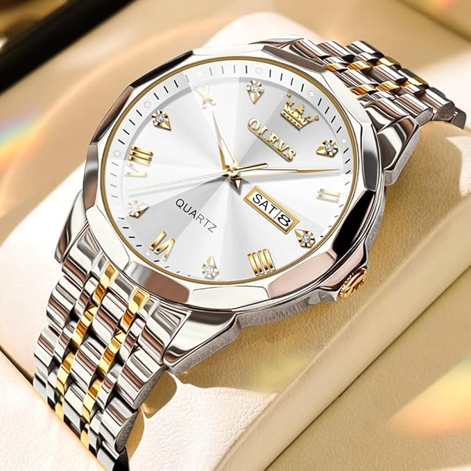 OLEVS Watch for Men Women Large Face Unisex Diamond Luxury Dress Analog Quartz Stainless Steel Waterproof Luminous Date Business Casual Wrist Watch