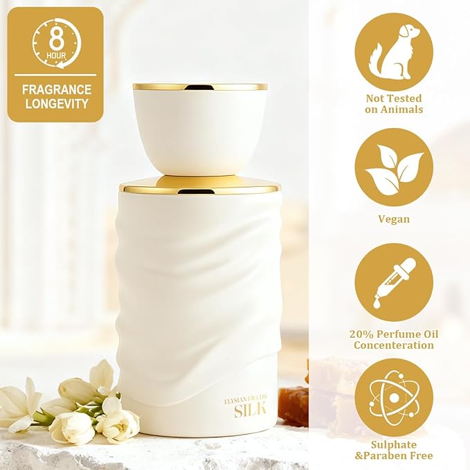 Elysian Fields - Silk Eau De Parfum, Long-Lasting Fragrance Woody,Floral, Fruity, Gourmand Perfumes for Women 100ml | 3.4 fl. oz + 2ml Samples