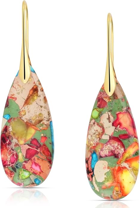 Emperor Stone Dangle Earrings for Women - Natural Healing Crystal Earrings with Gold Fishhooks in Soothing Colors, Unique Personalized Valentine‘s Day Gift Set for Her