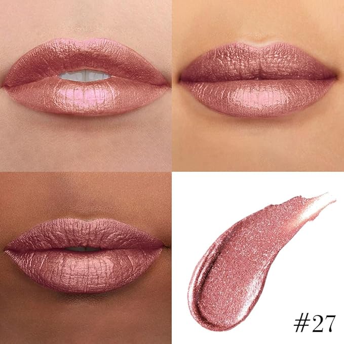 Kaely 2-in-1 Nude Gold Metallic Lipstick and Lip Liner Makeup, Shimmer Liquid Metallic Lipsticks for Women, Glitter Lip Gloss Stain Long Lasting Waterproof Smudge Proof 24 Hour, Cruelty-Free 27