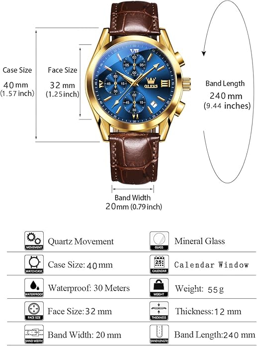 OLEVS Men's Watches Brown Leather with Date,Casual Watches for Men,Large Face Watches Men,Chronograph Mens Watch,Sport Waterproof Business Dress Analog Quartz Men's Wrist Watches Reloj De Hombre