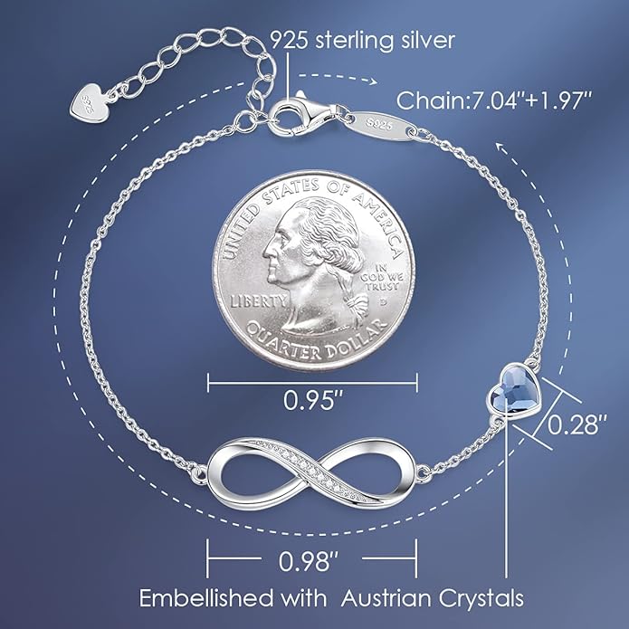 CDE Infinity Heart Birthstone Charm Link Bracelet for Women 925 Sterling Silver Adjustable Mother's Day Christmas Day Gift Anniversary Birthday Jewelry for Wife Girlfriend Her