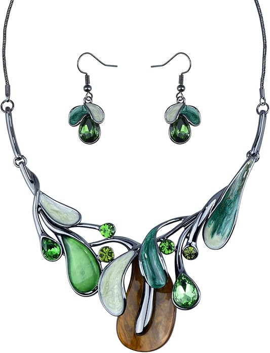 Vintage Statement Jewelry Set Leaf Floral Bohemian Boho Statement Necklace Earring Set Crystal Fashion Costume Jewelry
