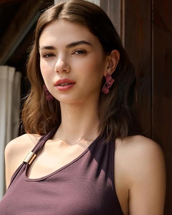Flower Earrings For Women Large Brown and Wine Red Painted Floral Dangle Statement Earring Chunky Burgundy Fall Earrigs Gift