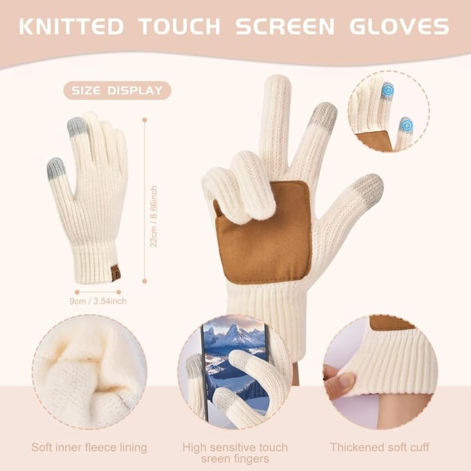 Womens Winter Beanie Hat Scarf Gloves Set Warm Knit Beanie with Pom Pom Long Scarf Touchscreen Gloves 3 in 1 Set
