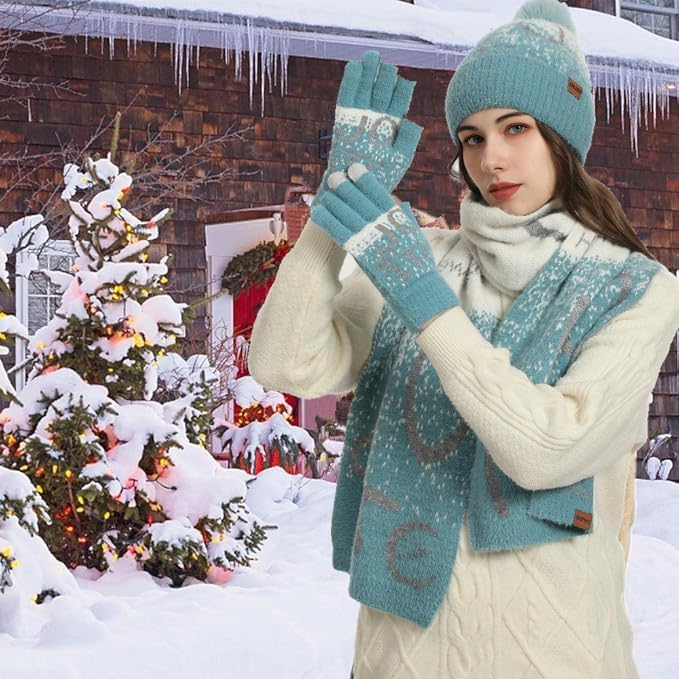 Winter Hat Scarf Gloves Set for Women Womens Knit Warm Hat Beanie Long Scarf Touchscreen Gloves Skull Caps Neck Scarves