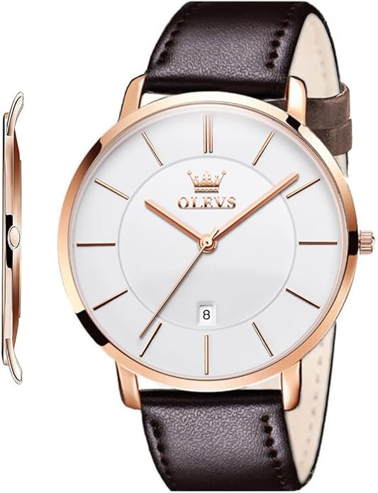 OLEVS Mens Watches Minimalist Ultra Thin Fashion Casual Analog Quartz Date Watch Waterproof Slim Simple Big Face Dress Wrist Watch Leather Band for Men