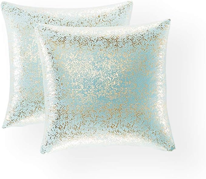 Xinrjojo Pack of 2, Gold Pillow Cover, Shiny Cushion Covers, Decorative Soft Square Throw Pillow Covers, Pillow Cases for Sofa Bedroom Car 16 x 16 Inch(Bronzing- Lake Blue)