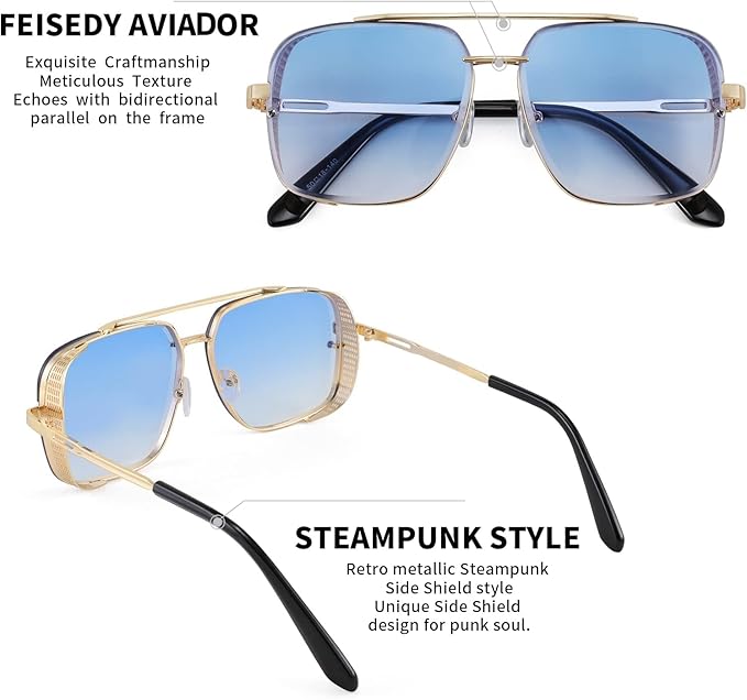 FEISEDY Sunglasses Mens Women Vintage Pilot Square Trendy Metal Steampunk Fishing Driving Sun Glasses B2894