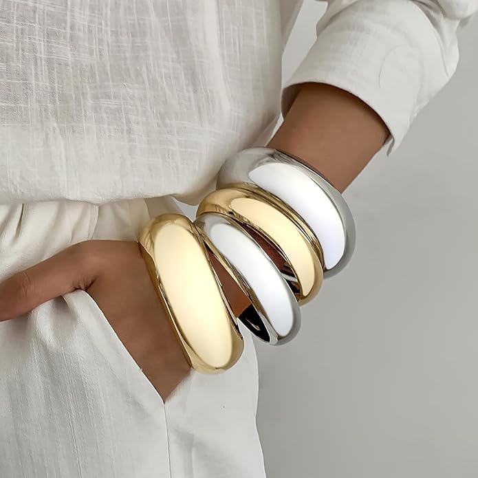 Chunky Gold Bangles Bracelets for Women Trendy Silver Stack Bracelet Minimalist Wide Bangle Jewelry