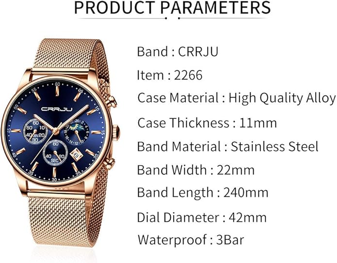 CRRJU Men's Fashion Casual Watches Auto Date Chronograph Watch Men Nice Work Watches Waterproof 30M Full Steel Quartz with Mesh Strap