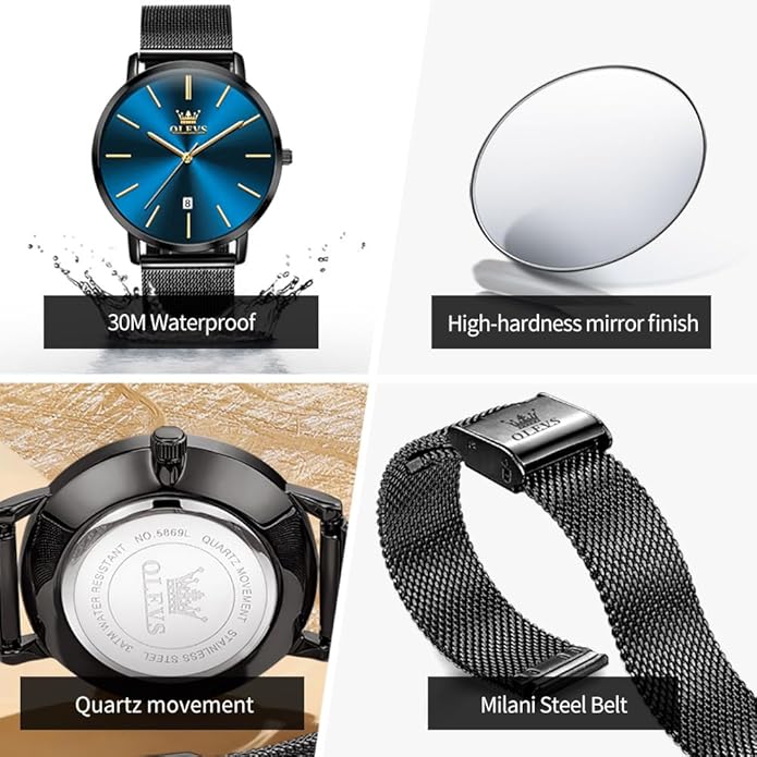 OLEVS Mens Watches Minimalist Ultra Thin Fashion Casual Analog Quartz Date Watch Waterproof Slim Simple Big Face Dress Wrist Watch Leather Band for Men