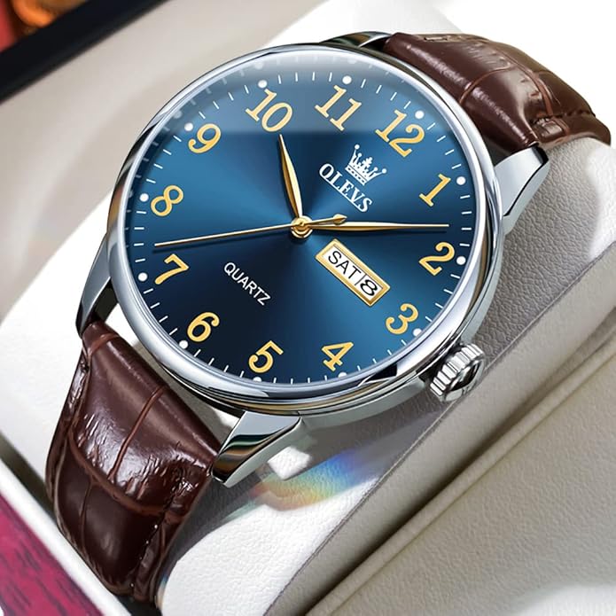 OLEVS Mens Watches, Casual Leather Watches for Men Easy to Read Quartz Number Watch with Date Waterproof Blue/Black/Silver Face Men's Wrist Watches…