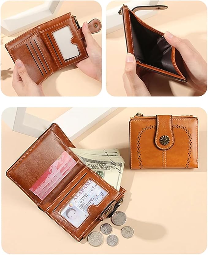Premium Slim Genuine Leather Bifold Wallet for Women with Advanced RFID Blocking Technology and Zippered Coin Compartment (Brown)