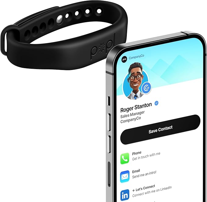 Popl Silicone Sport Band Digital Business Card Bracelet - Adjustable Waterproof NFC Wristband w/Instant App-Free Sharing - Wearable Tap Bracelets Compatible w/iPhone & Android (Black on Black)