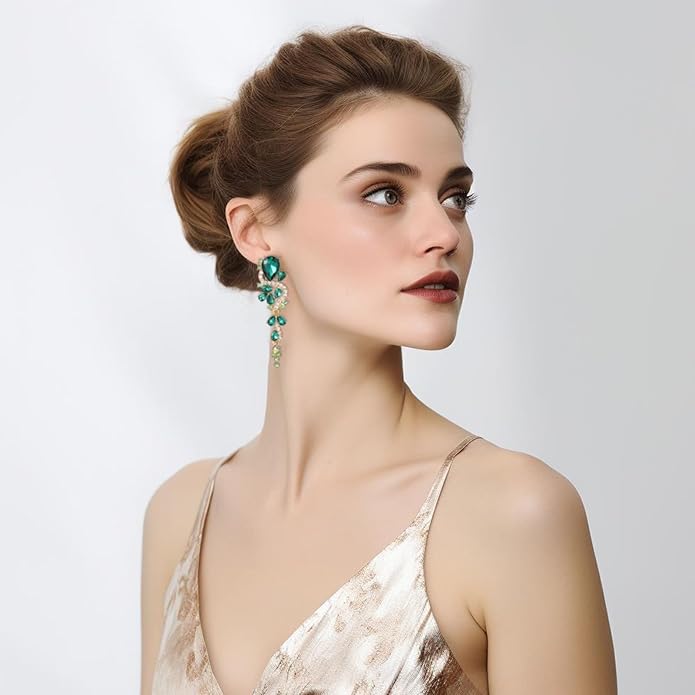 Fashion Rhinestone Statement Drop Dangle Earrings Long Colorful Crystal Bridal Wedding Teardrop Chandelier Earrings for Women Prom Pageant