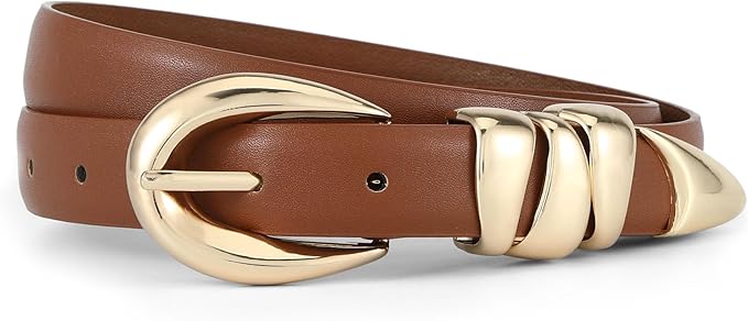 Skinny Leather Waist Belt - Gold Buckle Dress Belt for Women's Jeans & Dresses