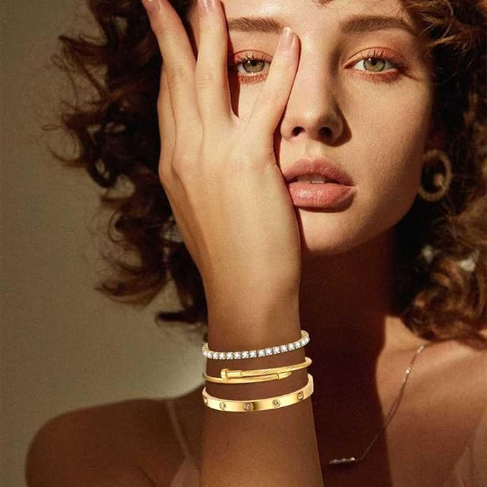 Gold Bracelets for Women-4Pcs/3Pcs,18K Gold Plated Bangle Tennis Bracelets Stack Set for Women Trendy Non Tarnish Stainless Steel Gold Bangles Accessories Designer Jewelry