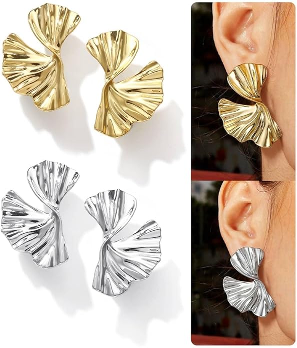 KRFY Statement Earrings 2 Pairs, S925 Sterling Silver Post 16K Plated Chunky Gold Earrings For Women Trendy, Hypoallergenic Big Flower Leaf Stud Earring Set, Silver Color Large Dangle Earrings Jewelry