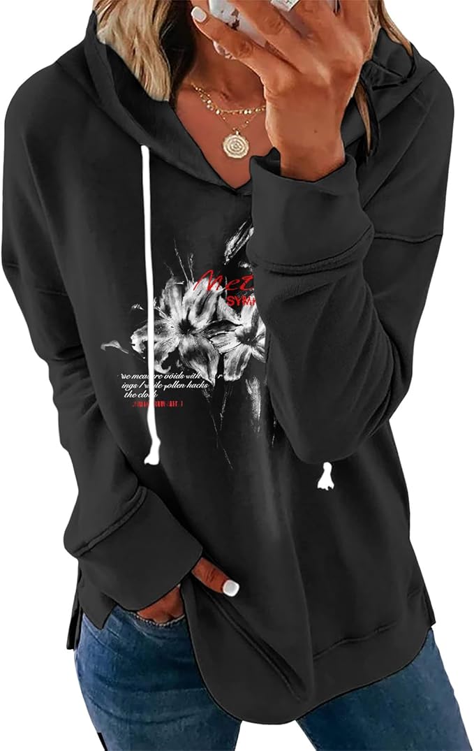 Womens Black Floral Print Hoodie Long Sleeve Cotton Blend Pullover Sweatshirt Loose Fit Casual Top For Everyday Wear