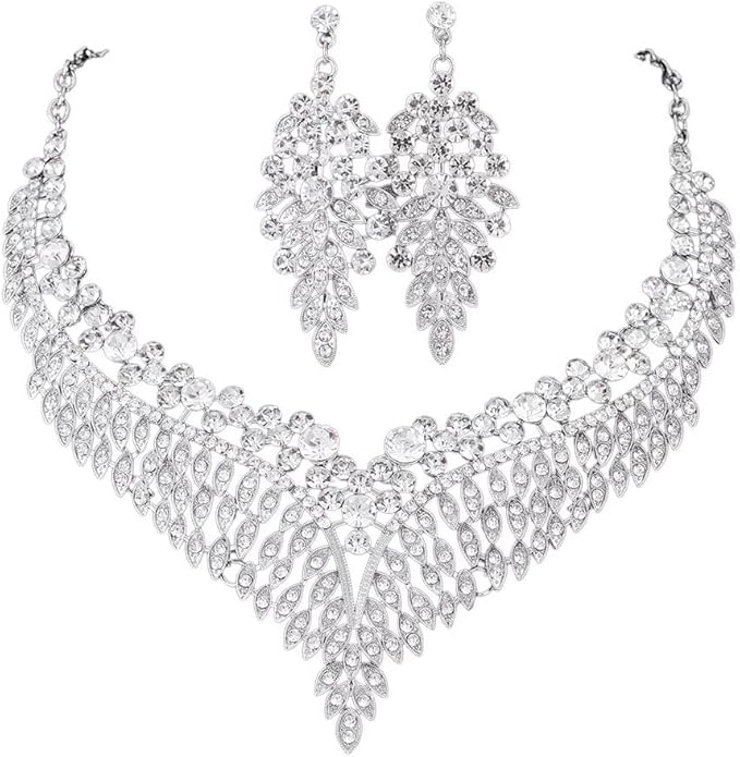 Wedding Bridal Jewelry Set Crystal Rhinestone Statement Necklace Vintage Collar Necklace Dangle Earrings Set for Women