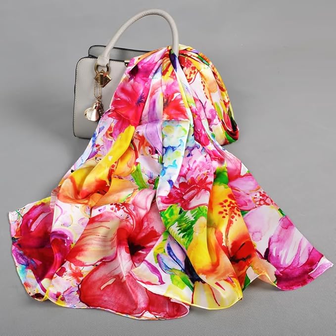 100% Mulberry Silk Scarf for Women Neck Oblong Headscarves Long Floral Print Lightweight Silk Wraps Shawls 67"*20"