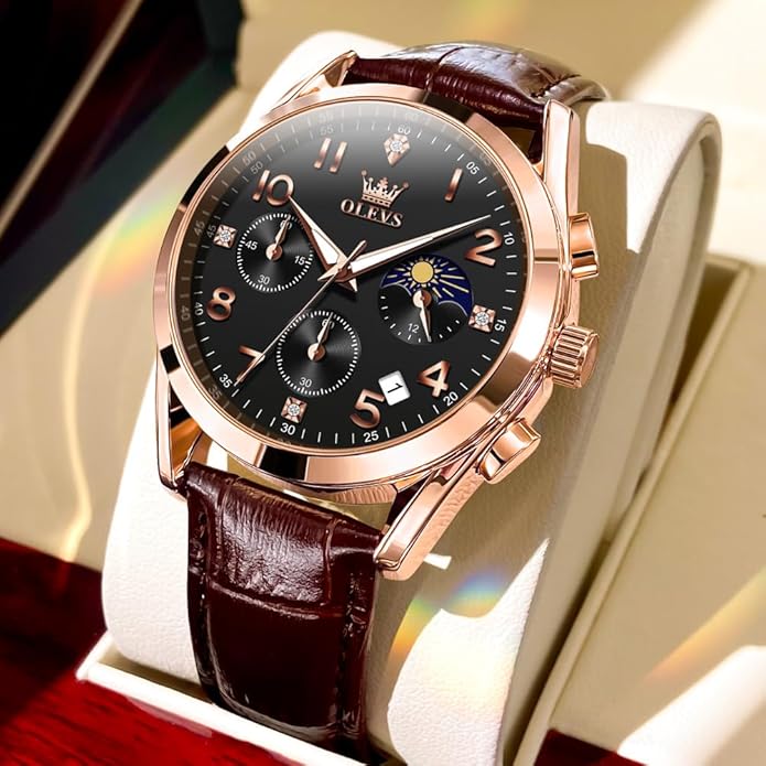 OLEVS Men's Watches Brown Leather with Date,Casual Watches for Men,Large Face Watches Men,Chronograph Mens Watch,Sport Waterproof Business Dress Analog Quartz Men's Wrist Watches Reloj De Hombre