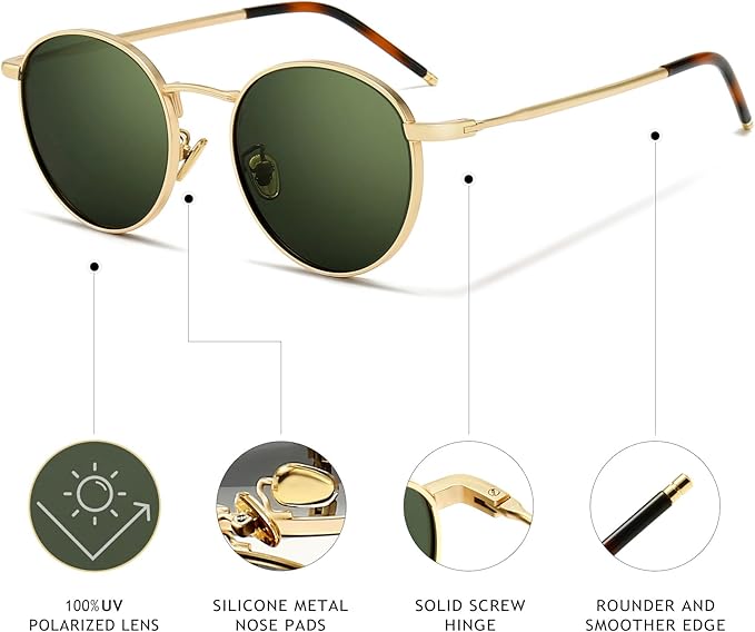 SUNGAIT Ponderable Metal Round Sunglasses for Men Women Classic Vintage Polarized Circle Sun Glasses