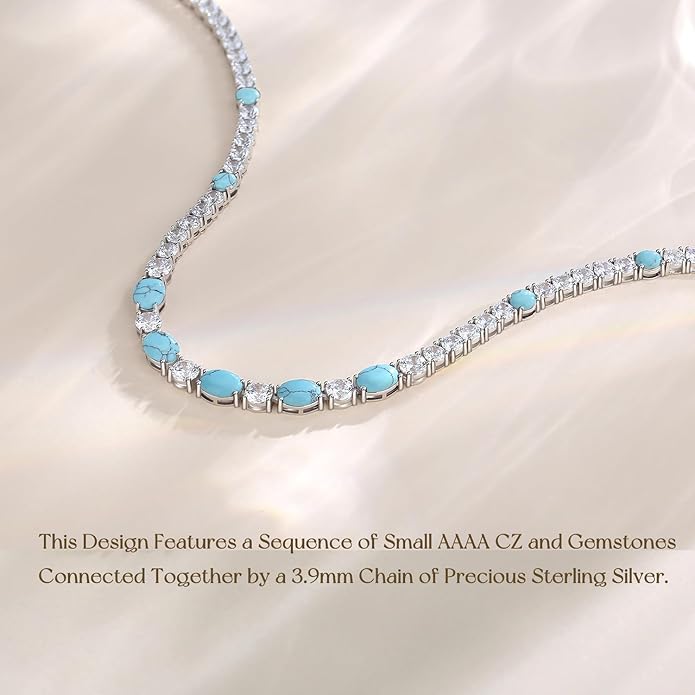 FANCIME Sterling Silver Tennis Necklace 4mm 18 inch Birthstone Necklace with 6 * 8mm Oval Gemstone Luxury Fine Birthday Jewelry Gifts for Women