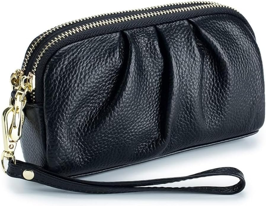 Genuine Leather Wristlet for Women, Ruched Clutch Wallet Purse, Compact Ladies Wristlet with Card Slots