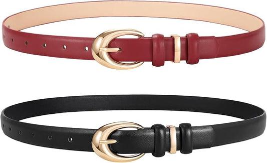 2 Pack Women Leather Belts for Jeans Dress Fashion Ladies Belt with Gold Silver Buckle