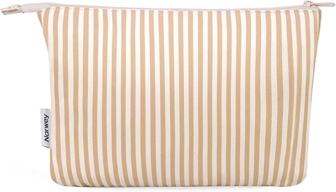Narwey Small Striped Makeup Bag for Purse Travel Makeup Pouch Cosmetic Bag Zipper Pouch Bags for Women (Brown Stripe)