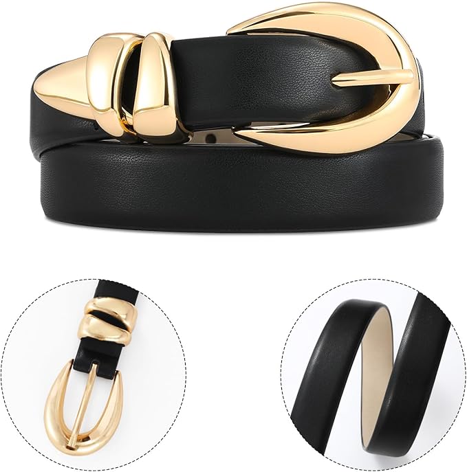 Belts for Women with Gold Buckle – Adjustable Black leather Belt for Jeans, Dress, Pants